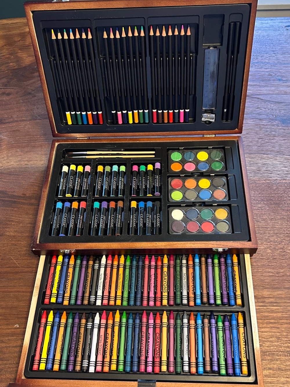 Deluxe Wooden Art Set Colored Pencils, Oil Pastels, Paints, Brushes, Crayons
